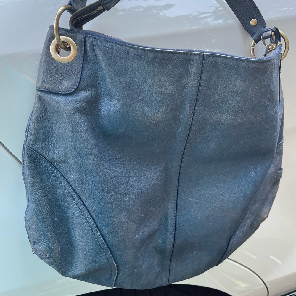 Cole Haan Blue Leather Satchel Handbag Embroidered Stitching Top GoldRing Handle - Picture 2 of 6